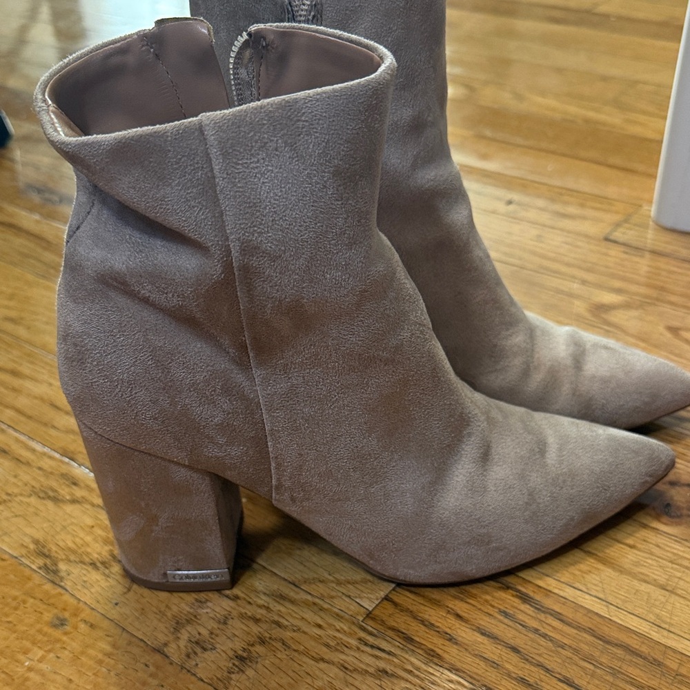 Calvin Klein Taupe Suede Pointed-Toe Block Heel Booties